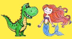 Eine zeichnung mit Dino und Meerjungfrau.