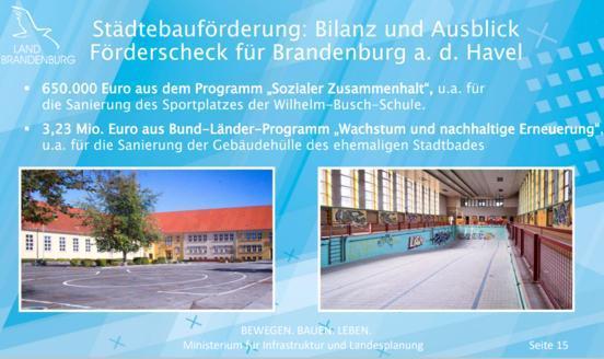 Blaue Präsentationsfolie mit der Überschrift "Städtebauförderung: Bilanz und Ausblick Förderscheck für Brandenburg a.d. Havel und weiterem Text+Fotos
