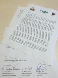 Die Oberbürgermeister von Brandenburg an der Havel, Cottbus und Frankfurt (Oder) wenden sich an Ministerpräsidenten Woidke