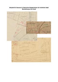 Drei Karten von Gewannen mit der Überschrift "Beispiele für Gewanne in historischen Katasterkarten der kreisfreien Stadt Brandenburg an der Havel".