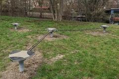 Spielgerät auf Rasenfläche: drei Slacklines gehen von einem Mittelpunkt aus in drei Richtungen, in der Mittel und an den Rändern sind Standfächen
