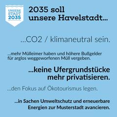 Logo von "Unsere Stadt 2035" auf blauem Hintergrund, dazu der Text "2035 soll unsere Havelstadt... ...Co2 / klimaneutral sein. ...mehr Mülleimer haben