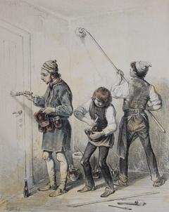 Theodor Hosemann, Die drei Stubenmaler, Kreidelithografie, koloriert, 1843