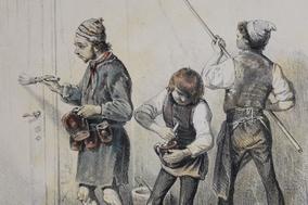 Theodor Hosemann, Die drei Stubenmaler, Kreidelithografie, koloriert, 1843