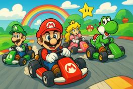 Bunte Comicfiguren fahren Kart