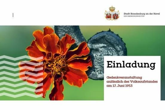 Titelbild der Einladung mit einer Blume, einem Textfeld und dem Wappen der Stadt Brandenburg