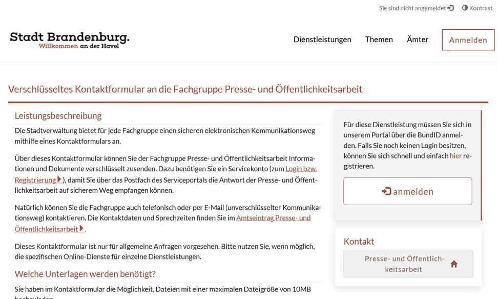 Screenshot von einer Dienstleistungsseite