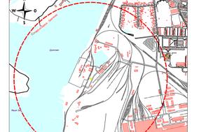 Kartenausschnitt mit roter Kennzeichnung der Sperrzone