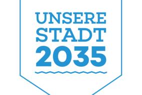 Grafik mit Pfeil nach unten und Welle darüber, sowie Text: Unsere Stadt 2035