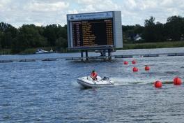 Schlauchbootfahrer vor der Anzeigetafel