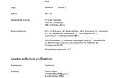 Formular mit beschreibenden Angaben zu einem Flurstück, Lage, Nutzung, Flächengröße, Kennzahlen der Bodenschätzung und Eigentümer