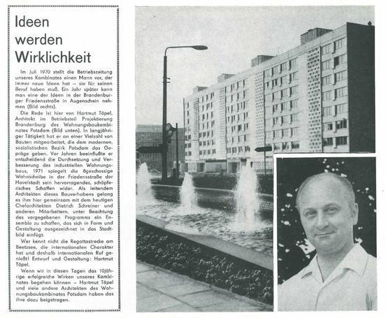 Beitrag über Hartmut Töpel in der Betriebszeitung des Wohnungsbaukombinates Potsdam Anfang der 1970er Jahre.