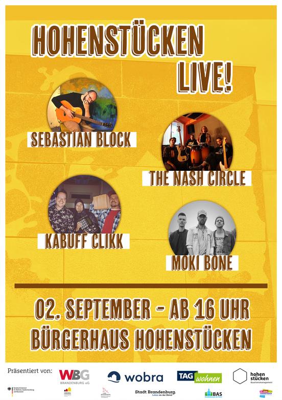 Plakat zum Musikfestival Hohenstücken Live! mit Fotos und Namen der auftretenden Bands/Musiker