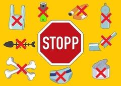 Graik: Ein Aufkleber für die biotonne: Gelber Hintergurnd mit Symbolen udn Stopp-Schild