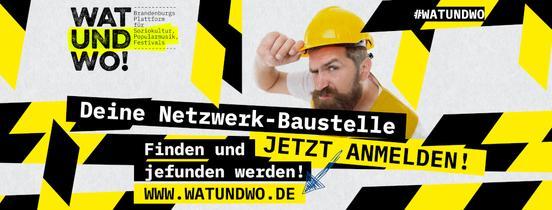Flyer zeigt Bauarbeiter mit Tigerentenband und der Internetadresse der Plattform www.watundwo.de