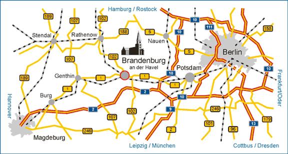 Kartenausschnitt mit Ansicht der Straßenanbindung von Brandenburg an der Havel