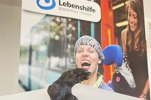 Hand-Plastik mit Poster im Hintergrund.