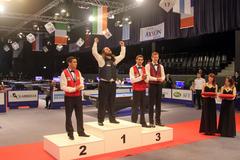 Siegerehrung Dreiband U21 (1. Platz Ölmer Karakurt, 2. Platz Juan David Zapata Garcia, 3. Platz Wesley Van Aspers und David Martinez)