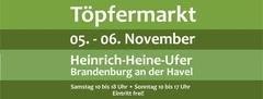 hell- und dunkelgrün gestreifte Anzeige mit dem Text: Töpfermarkt 05.-6. November, Heinrich-Heine-Ufer Brandenburg an der Havel, Samstag 10 bis 18 Uhr