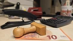 Schreibtisch mit Geldscheinen und Stempel