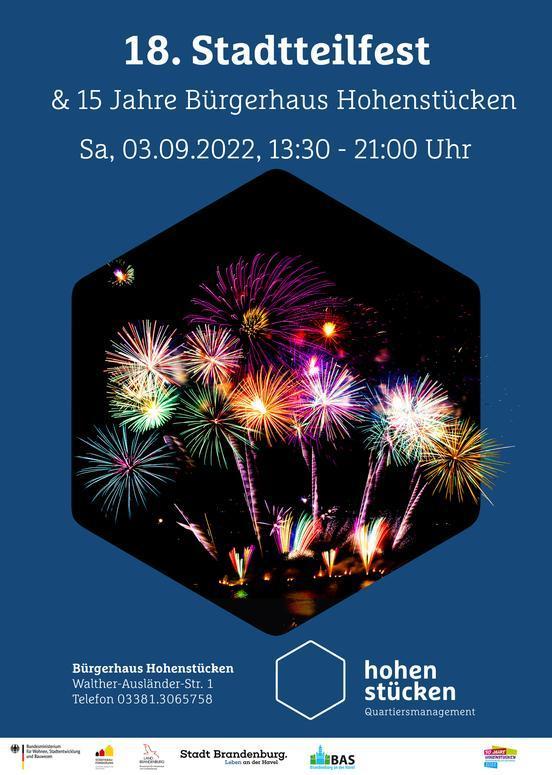 Plakat zum 18. Stadtteilfest mit dem Foto eines Feuerwerks und dem Datum und Uhrzeit des Fests