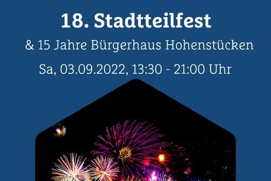 Plakat zum 18. Stadtteilfest mit dem Foto eines Feuerwerks und dem Datum und Uhrzeit des Fests