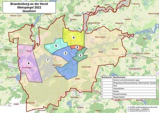 Kartenausschnitt der Stadt Brandenburg an der Havel mit 7 farbig gekennzeichneten Flächen