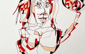 Stark vereinfachte, skizzenhafte Zeichnung einer Frau mit kubistischer Anlehnung.