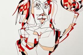 Stark vereinfachte, skizzenhafte Zeichnung einer Frau mit kubistischer Anlehnung.