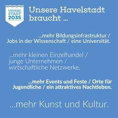Logo von "Unsere Stadt 2035" auf blauem Hintergrund, dazu der Text "Unsere Havelstadt braucht ... ...mehr Bildungsinfrastruktur / Jobs in der Wissensc