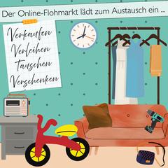 Zeichnung verschiedener Gegenstände wie Couch, Dreirad, Komode und Kleidung, dazu der Text "Online Flohmarkt lädt zum Austausch ein"