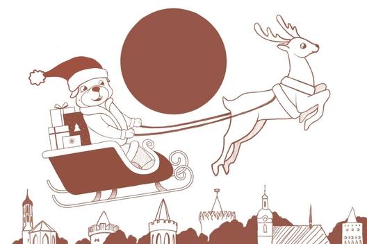 Illustration Weihnachtsmann fliegt über die Stadt.
