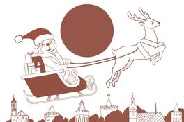Illustration Weihnachtsmann fliegt über die Stadt.