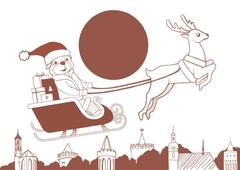 Illustration Weihnachtsmann fliegt über die Stadt.