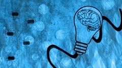 Zeichnung einer blauen Glühbirne mit einem Gehirn darin