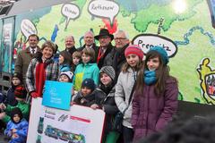 Foto vor der BUGA-Lok: Jörg Vogelsänger, Dr. Dietlind Tiemann, Thoma Webel, Dr. Joachim Trettin, Erhard Skupsch, Herr Franz (GF VBB) und Gewinnerklasse (v.l.n.r.)