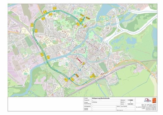 Stadtplan mit Darstellung der Umleitung für Autofahrer
