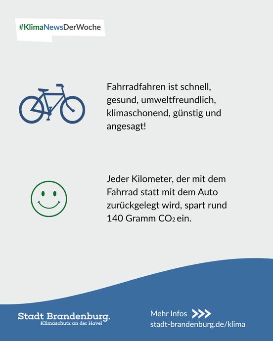 Fahrradfahren ist gesund, günstig und klimafreundlich. Jeder statt mit dem Auto geradelte Kilometer spart rund 140 Gramm CO₂.