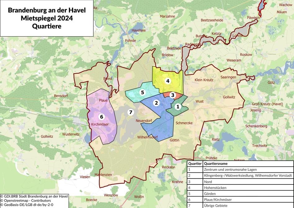 Eine Karte der Stadt, die die Quartiere zum Mietspiegel zeigt