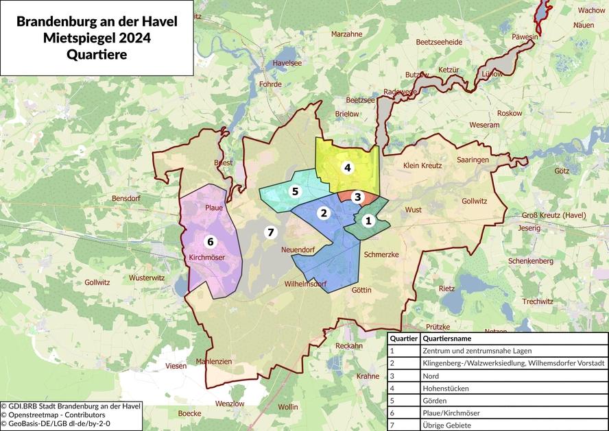 Eine Karte der Stadt, die die Quartiere zum Mietspiegel zeigt