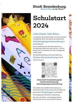 Plakat mit Text und Link zur Terminvereinbarung für Schuleingangsuntersuchungen – alle Informationen im nebenstehenden Text enthalten