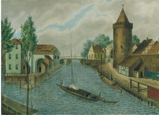 Am Steintorturm, Gemälde von A. Spiecker, um 1836, Standort: Steintorturm/Stadtmuseum Brandenburg an der Havel.