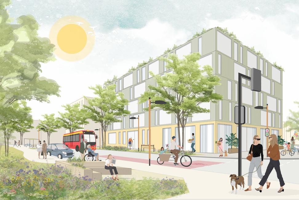 Grafische Perspektive neue Straßenkreuzung mit Geäuden im Hintergrund, Bäume und Menschen