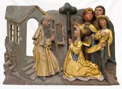 Bekehrung der Hl. Katharina, Relief aus der Predella des Hochaltars der St. Katharinenkirche. Linke Hälfte Vorzustand, rechte Hälfte Restaurierungsprobefläche. (Aufnahme: Thoralf Herschel) 