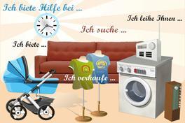 Zeichnung von einem Kinderwagen, einem Sofa, T-shirts und einer Waschmaschine überschrieben mit den Worten: „Ich suche“, „Ich biete“ und „Ich verkaufe“. 