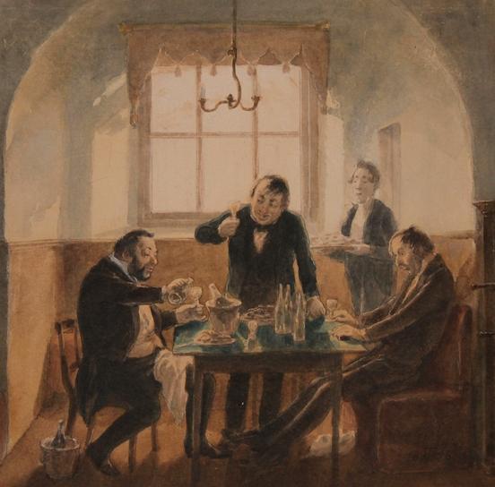 Theodor Hosemann, Das Schlemmerfrühstück, Aquarell, 1856
