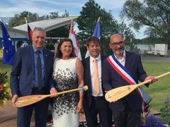 Beigeordneter Peter Kiefer der Partnerstadt Kaiserslautern, Olympionikin Birgit Fischer, Oberbürgermeister Steffen Scheller und Bürgermeister Philippe Bouyssou der Partnerstadt Ivry-sur-Seine