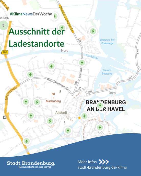Kartenausschnitt von Brandenburg an der Havel mit zahlreichen markierten Standorten öffentlicher Lademöglichkeiten für Elektroautos.