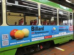 Farbenfrohe EM-Werbung auf der Straßenbahn der Brandenburger Verkehrsbetriebe.