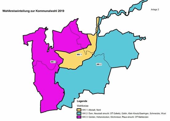 Kartenausschnitt mit 3 farblich gekennzeichneten Wahlkreisen